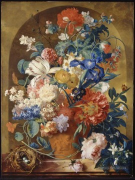 Nature morte des fleurs dans un vase en terre cuite avant une niche Jan van Huysum Peinture à l'huile